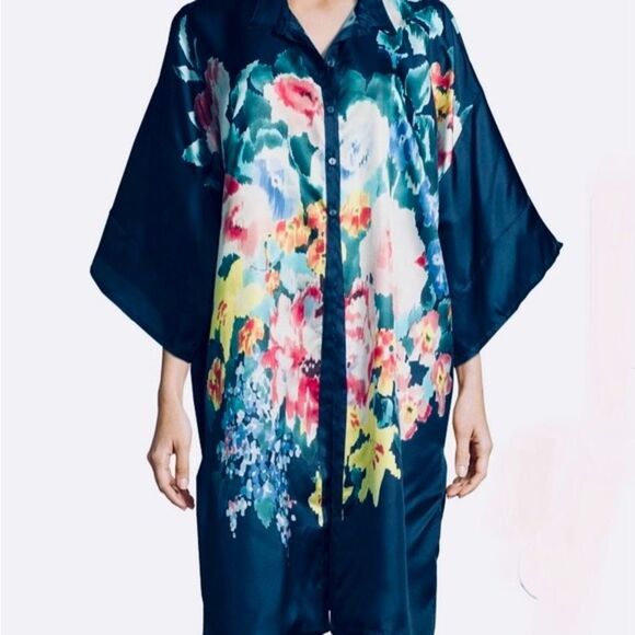 SOLD Johnny Was Malani 100% Silk Floral Print Long Kimono Tunic Navy Blue Size M - Picture 6 of 16